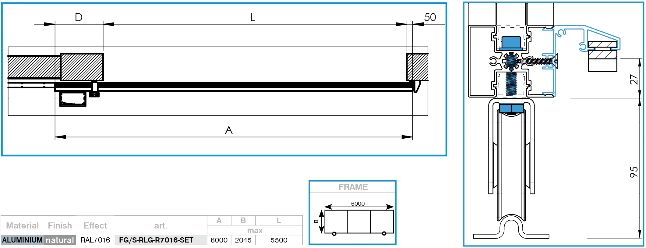 Aluminium sliding gate 6x2.045m with 20x100 R7016 filling - set - Image 2