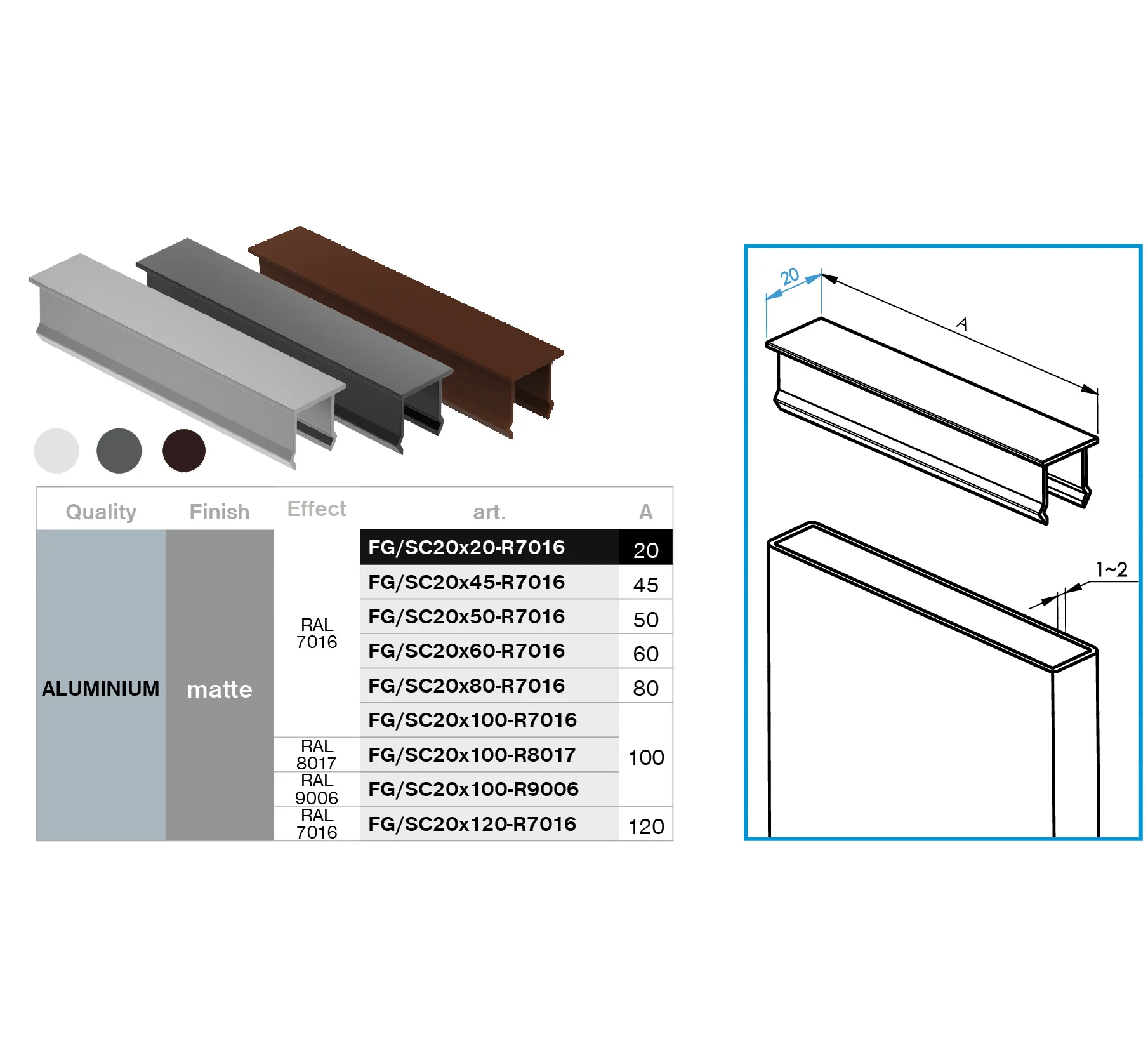 Aluminum cap for vertical fence panel and façade corner strip, 20x20 – Anthracite R7016 - Image 2