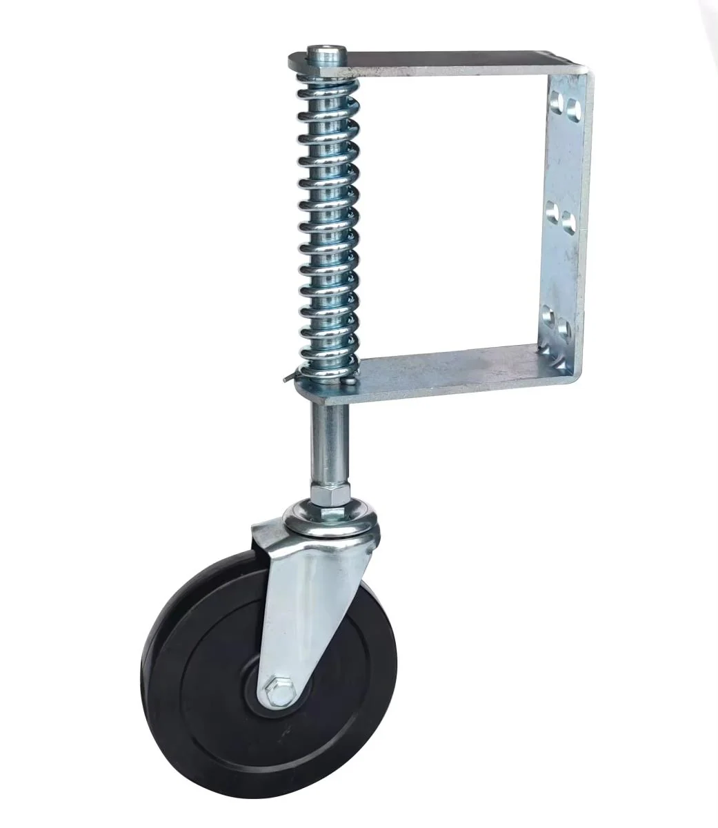 Bottom wheel for swing gates, with spring